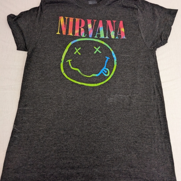Nirvana Classic Smiley Face Logo Tie Dye Twist Grey Tee Shirt Top Medium. 14 - Picture 1 of 6